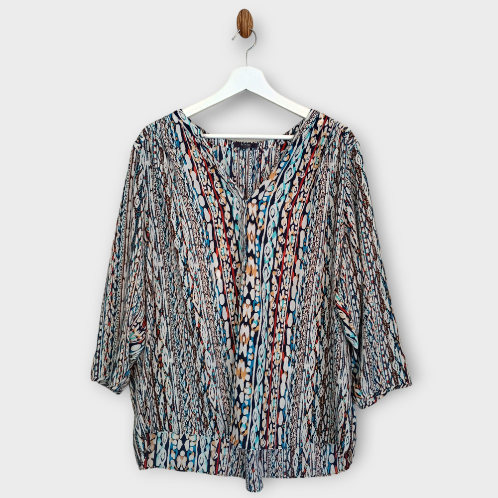 NYDJ Blouse Women 1X Multicolor Abstract Print Art to Wear 3/4 Button Front Top